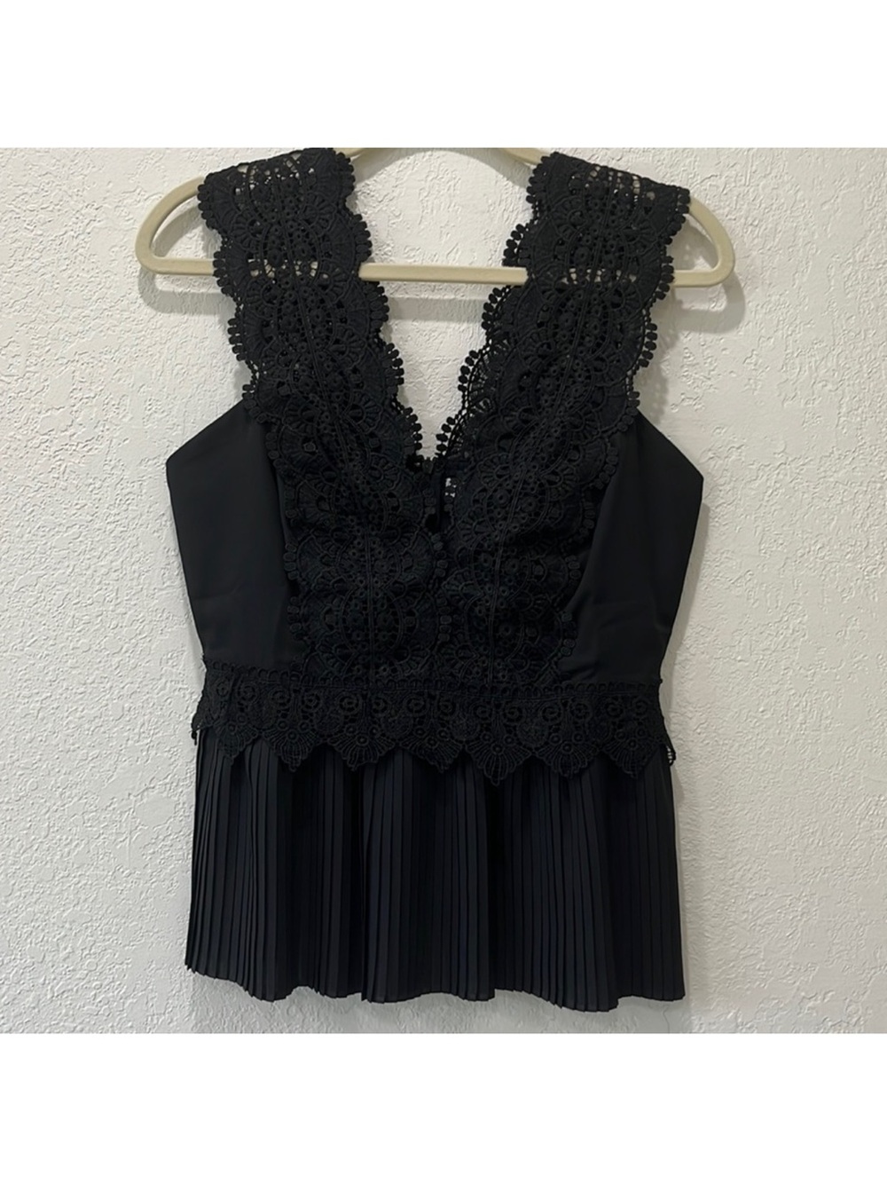 New with Tag. Lulumari Black Scalloped Lace Pleated Hem Elegant Top